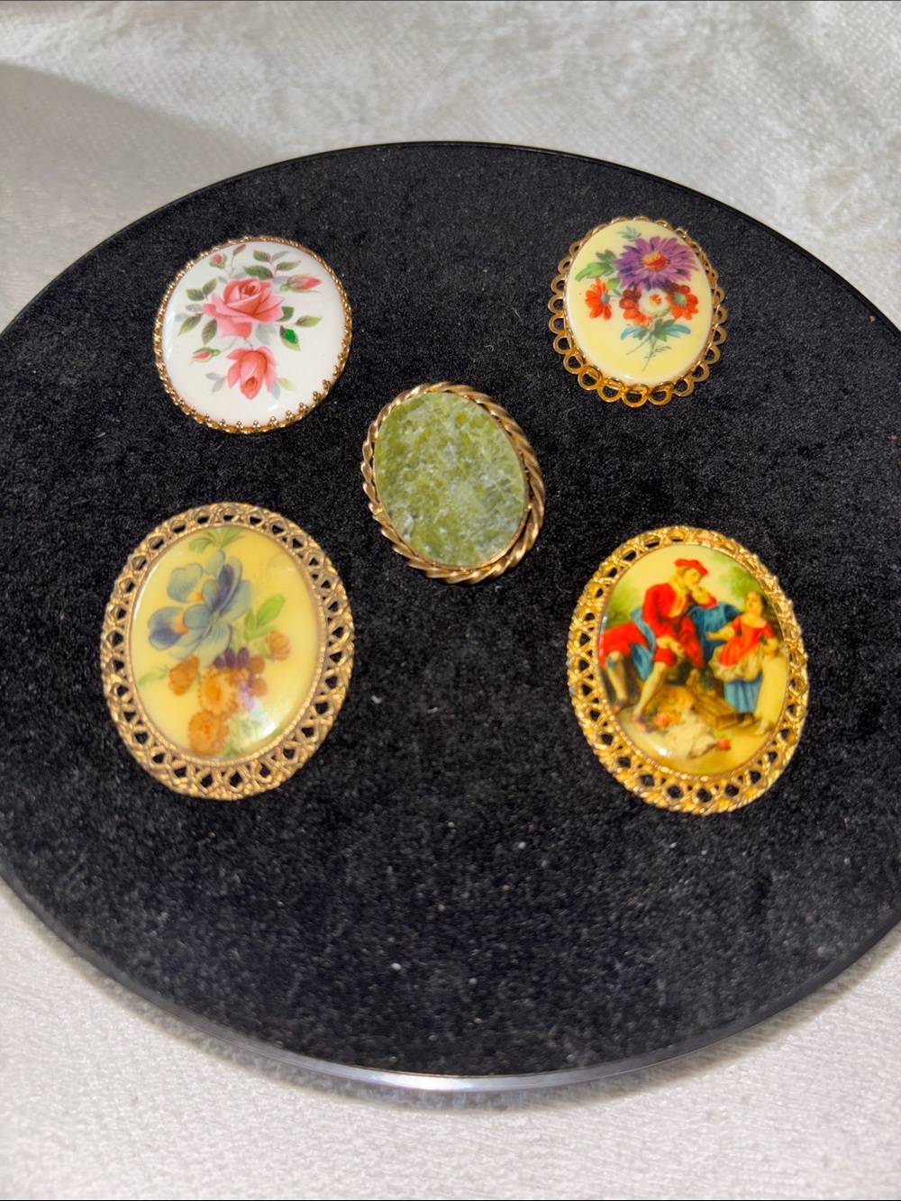 Vintage Floral Porcelain and Goldtone Brooches - Pink, Yellow, Green